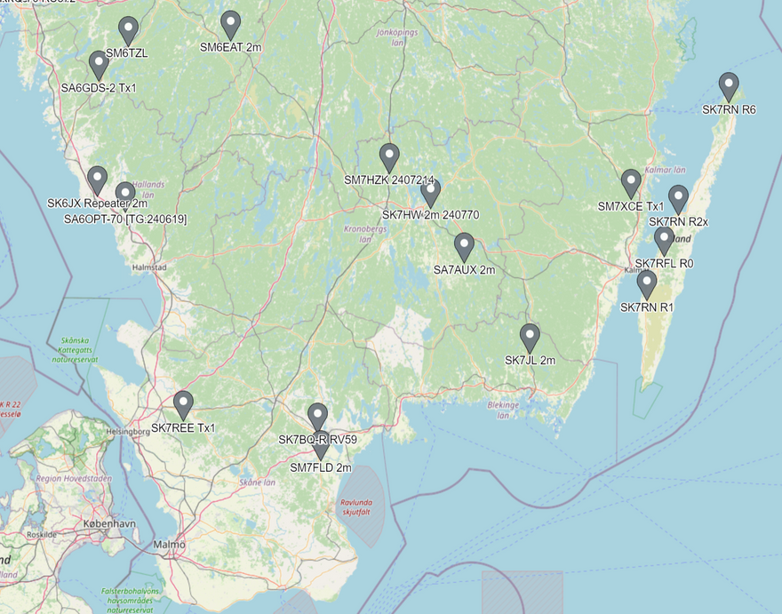 Karta från Svx-portalen över repeatrar i SM7.